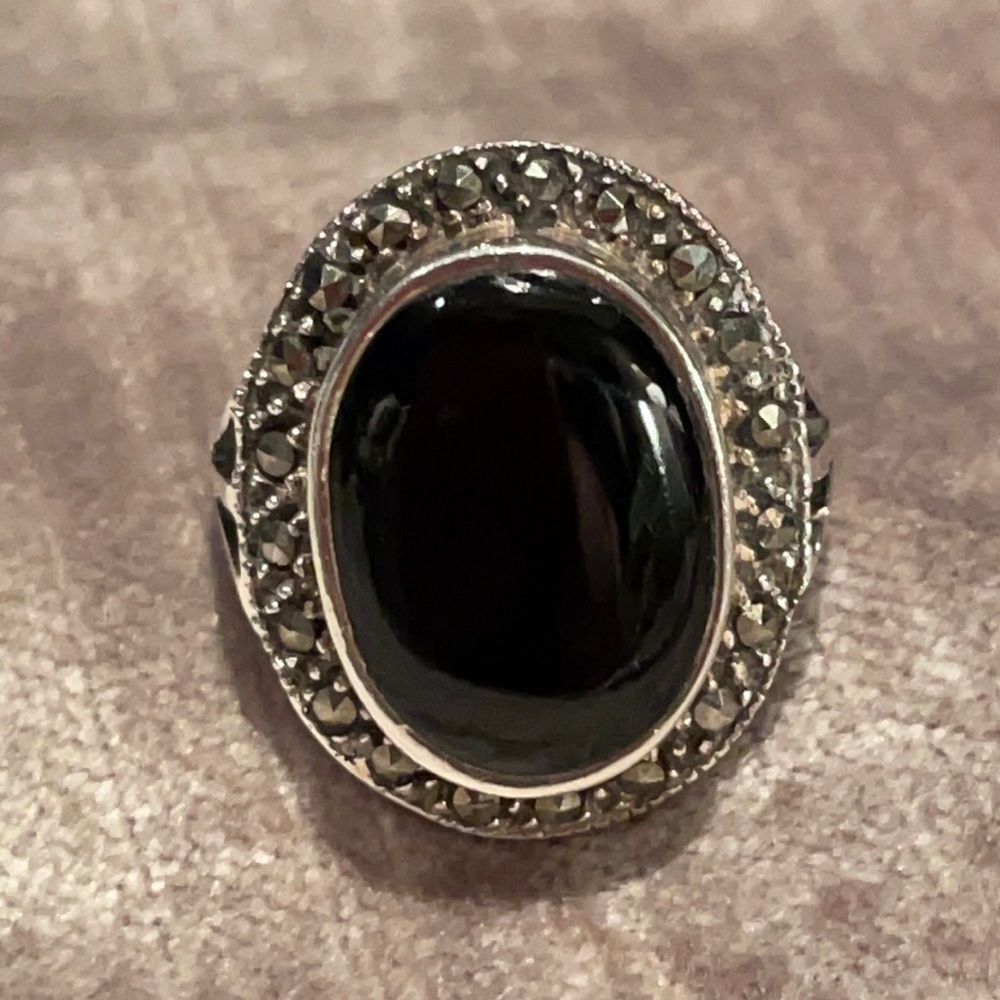 Vintage Marquisette Black Onyx Silver 925 Ring